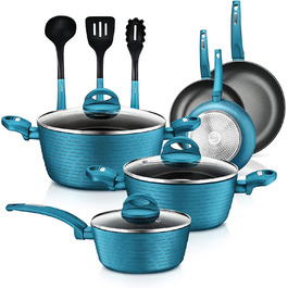 NutriChef Professional 12-Piece Nonstick Cookware Set – PFOA/PFOS-Free, Heat-Resistant Coating, Elegant Design, Pots and Pans in Various Sizes, Teal/Gray/Green