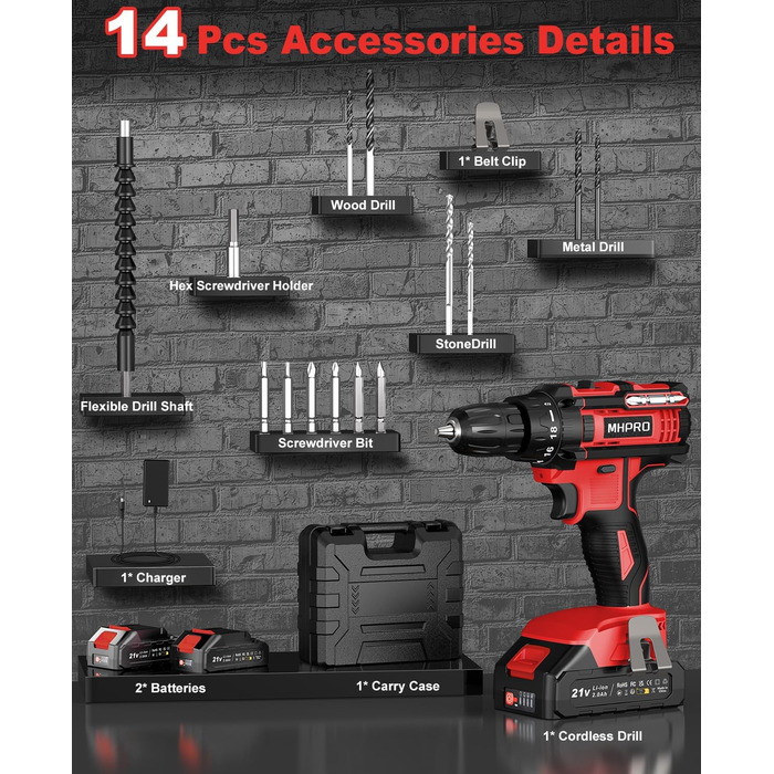 Акумуляторний шуруповерт 21V з набором 2 акумуляторів та 14 аксесуарів, кейс, 42Nm, 18+1 режимів, 10мм патрон, для дому