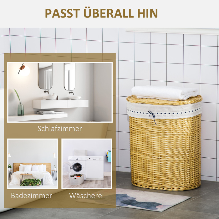 Кошик для білизни HOMCOM з кришкою з лози, 100 л, 51x38x57 см, натуральний колір. Коробка для білизни для спальні та ванної кімнати.
