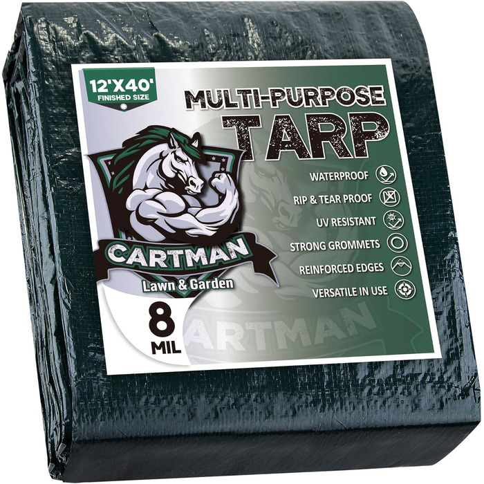 CARTMAN Finished Size 12x40 Feet Waterproof Green Tarp 8 Mil Thick, Multipurpose Protective Cover for Emergency Rain Shelter Camping Tarpaulin