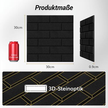 Акустичні панелі TONOR у вигляді цегли, самоклеючі шумопоглинаючі плити для стін (18 шт, 30x30x0,9 см), чорні — для звукоізоляції та декору кімнати