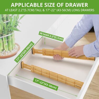 ANTOWIN 4 Pack Expandable Drawer Dividers, 5.7CM, extends from 43CM to 56CM, Drawer Organizers for Kitchen, Bedroom, Office, Bathroom (Natural)
