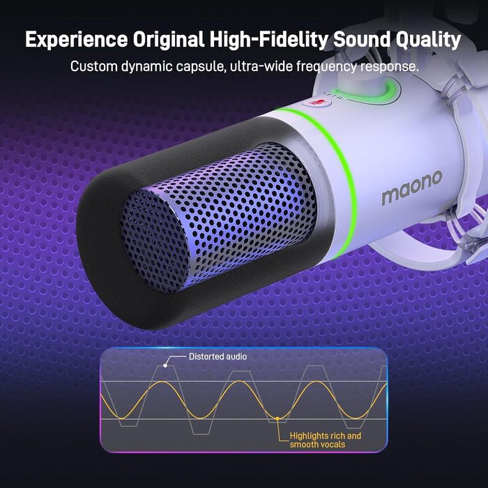 Мікрофон MAONO PD200XS XLR/USB з підсвічуванням RGB, комплект з кріпленням, програмним забезпеченням та регулятором гучності для запису, стрімінгу, геймінгу та Mac/PC