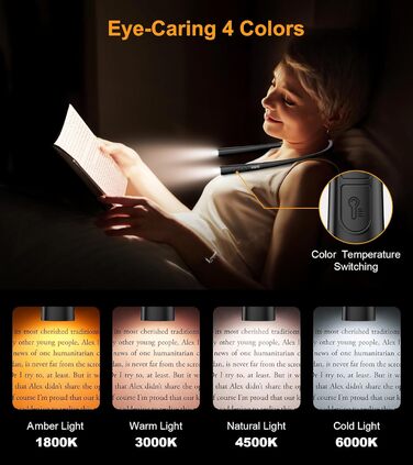 Настільна лампа Gritin для читання на шиї, з 4 кольорами та 5 рівнями яскравості - плавне регулювання, захист очей, акумулятор 80 годин, регульована шийка, ергономічне читання для ліжка/в'язання/рукоділля (чорна)