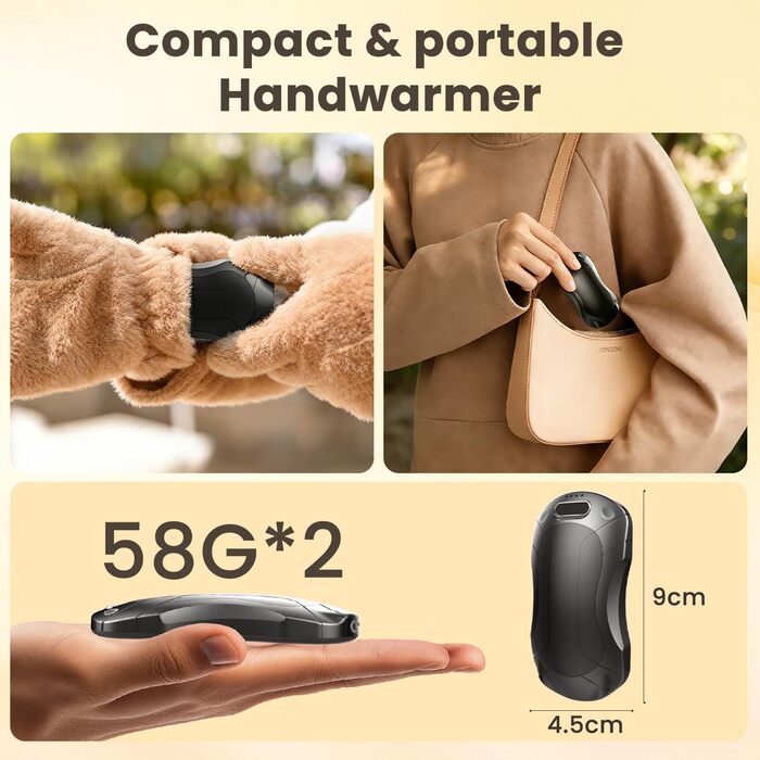 Електричний підігрівач для рук 2 шт. з регулюванням температури (45°C, 50°C, 55°C), 5000mAh, магнітний, компактний, чорний