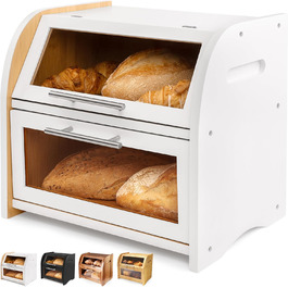 Бредониця Arise з вентиляцією, велика для зберігання хліба, 2 полиці та вікно, дерев'яна для хліба, булок, зберігання. 40 x 26 x 37, бамбук White, самостійна збірка