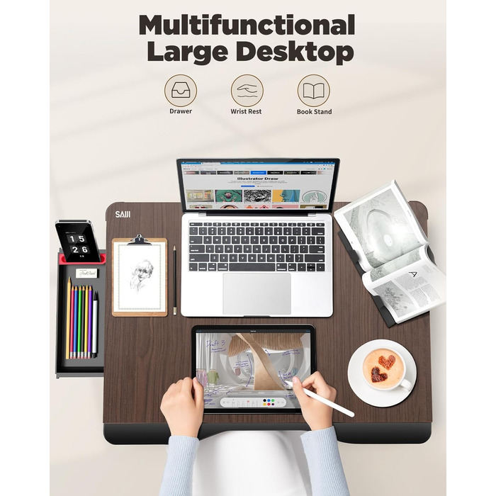 SAIJI Стіл-таблетка для ноутбука XXL, розкладний, для підлоги, дивану, їжі, роботи, ігор, навчання з ящиком, підставка для книг, підставка для планшета/телефону (65*49*30 см, світло-чорний)