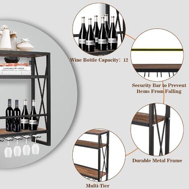 Wall-Mounted Wine Rack with Glass Holder, Wood and Metal Bottle Shelf with 3 Levels for 12 Bottles, Wine Stand with Cup Shelf, Suitable for Kitchen, Maximum Load Capacity 50 kg, 60*20*62 cm