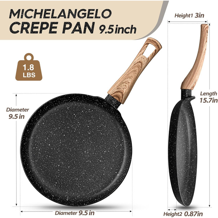 Сковорода для млинців MICHELANGELO 24 см, антипригарна, для індукції, омлетна, з м'якою бакелітовою ручкою, чорна
