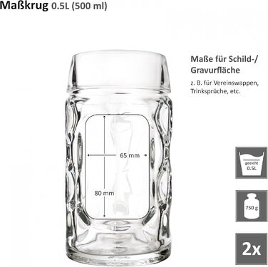 Набір скляних пивних кухлів Van Well з ручкою, 0,5 л, 2 шт. — мірні келихи для пива, придатні для посудомийки, для гастрономії