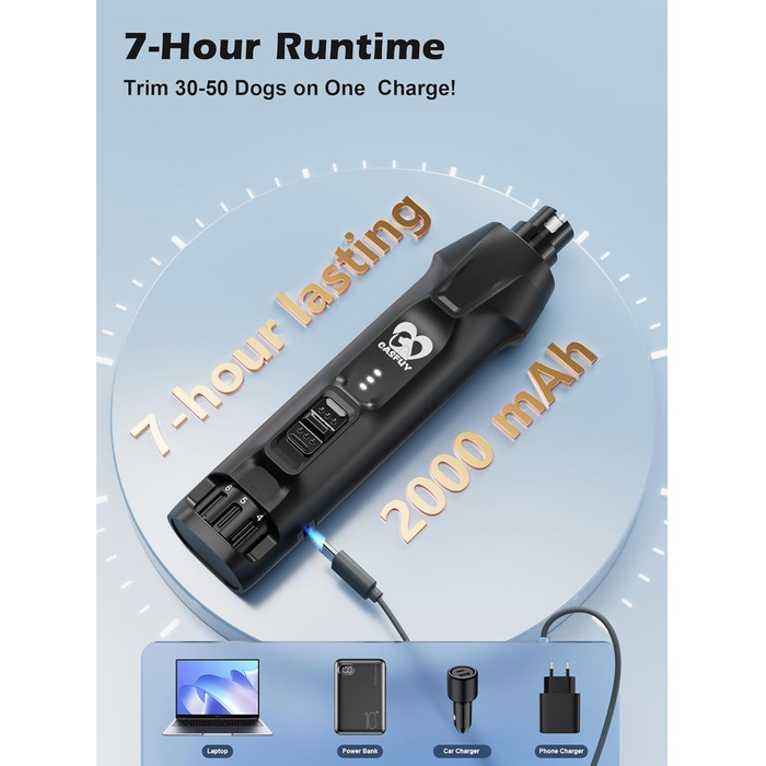 Електричний точило для собачих кігтів Casfuy - 6 ступенів, тихе, з LED-підсвіткою та збирачем пилу, 4.8V, для великих собак (чорний)