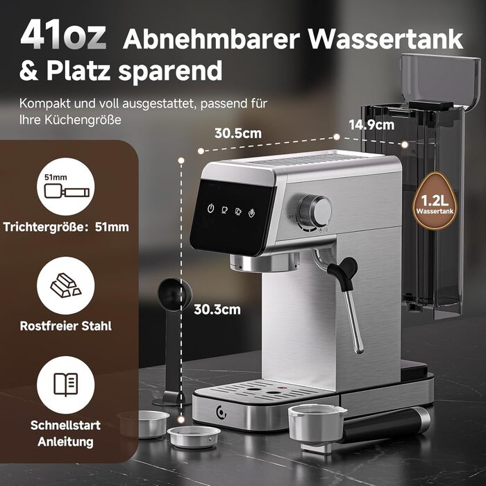 AMZCHEF Siebträgermaschine 20 Bar with LED Display Home 2-in-1 Espresso Machine with 1.2L Detachable Tank for Home Gifts, Compact Stainless Steel Latte Machine, 1350W