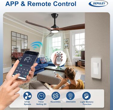 Depuley Стеляний вентилятор з підсвічуванням для вулиці: LED лампа з вентилятором для саду, тераси - 132 см, з підсвічуванням та APP для вітальні, ресторану, офісу, коричневий, 52''