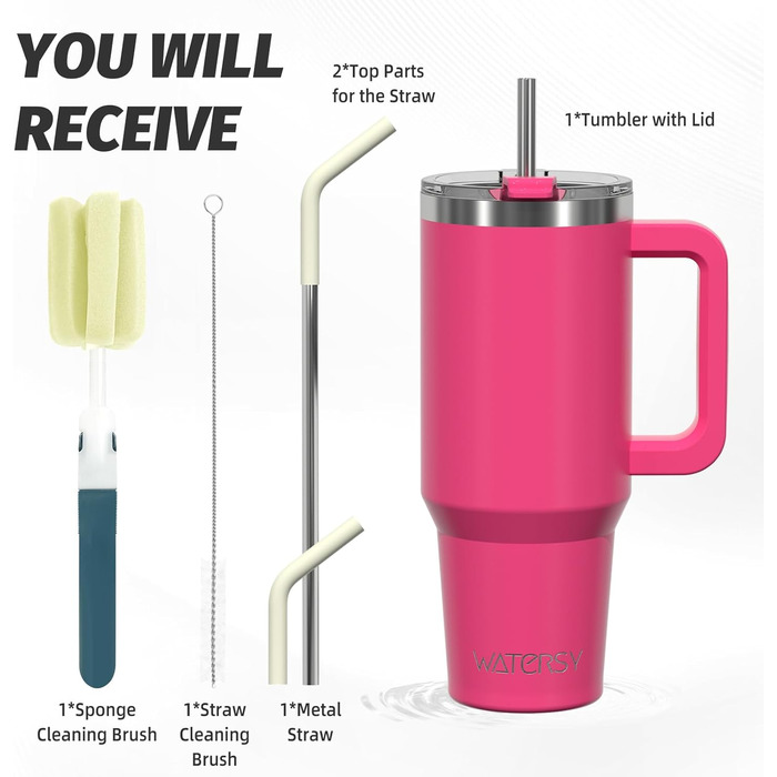 Термокружка WATERSY 40oz (591 мл) з нержавіючої сталі, подвійні стінки, з ручкою та трубочкою, для гарячих та холодних напоїв, рожевого кольору