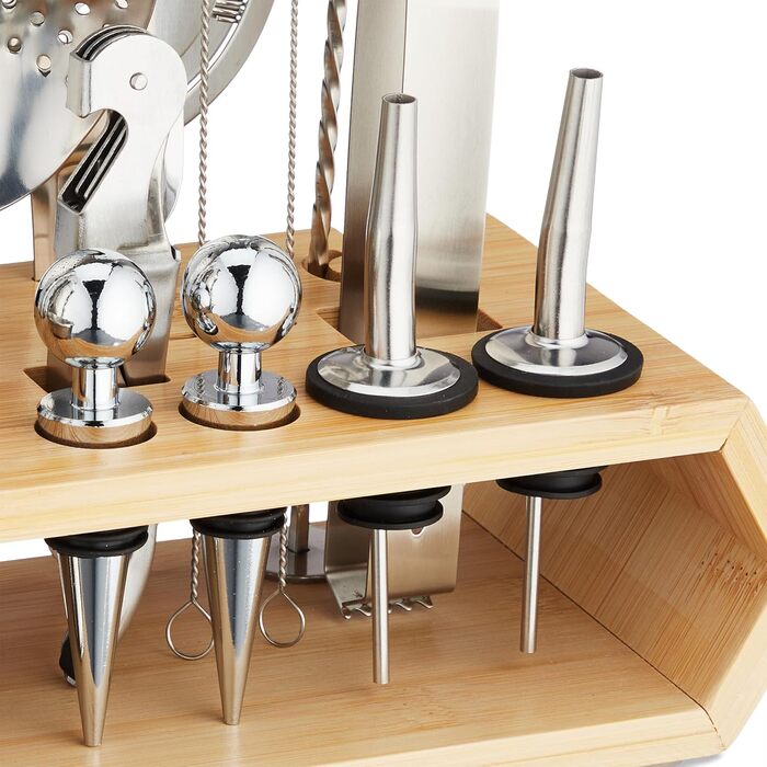 Набір для коктейлів Relaxdays 16 предметів: барний набір зі стійкою, шейкер, джигер, барна ложка, щипці, нержавіюча сталь та бамбук, сріблястий/натуральний