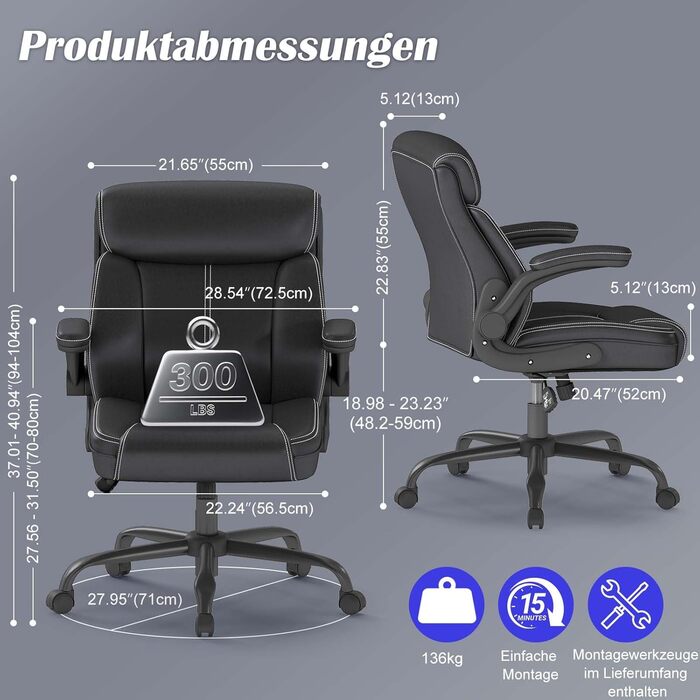 Офісний крісло AnyGod з шкіри, регульовані підлокітники, поворотне, для дому та офісу, до 136 кг, чорне