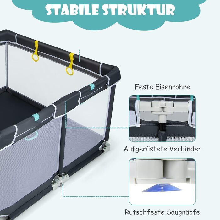 DREAMADE Playpen Baby, 124 x 124 cm Playard Foldable with 50 Play Balls & 4 Pull Rings, Safety Net with Breathable Mesh & Zipper (Dark Grey)