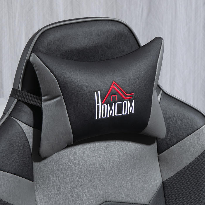 HOMCOM Gaming Chair with Massage Function, Reclining Backrest, Footrest, Supports up to 120 kg, Steel Frame, Faux Leather, Grey