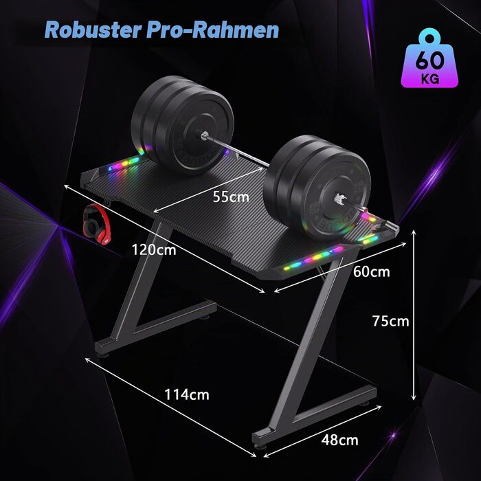 Ігровий стіл Homall з RGB LED-підсвіткою та підстаканником, 140x60 см, чорний