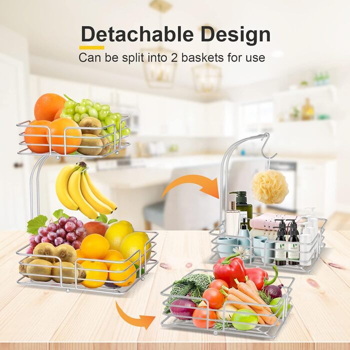 Металева фруктова корзина Bomclap на 2 яруси з підставкою для бананів - кухонна фруктова миска, знімна, декоративна, срібна