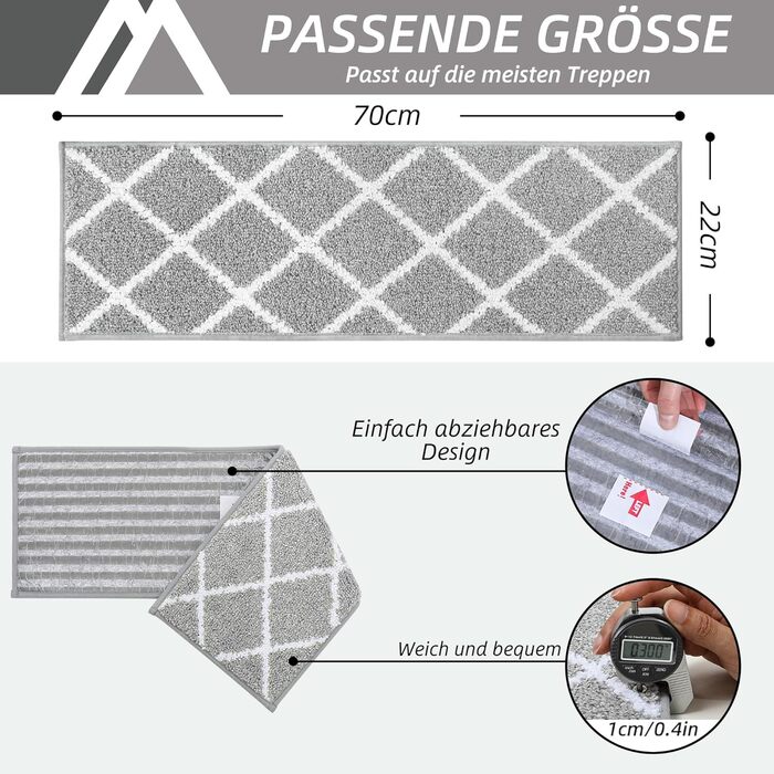 Ковзаючі сходи COSY HOMEER, 15 шт., 70x22 см, антиковзаючі, самоклеючі, машинне прання, 100% поліестер, TPE-підкладка, для дітей, літніх людей та домашніх тварин, сіро-білі