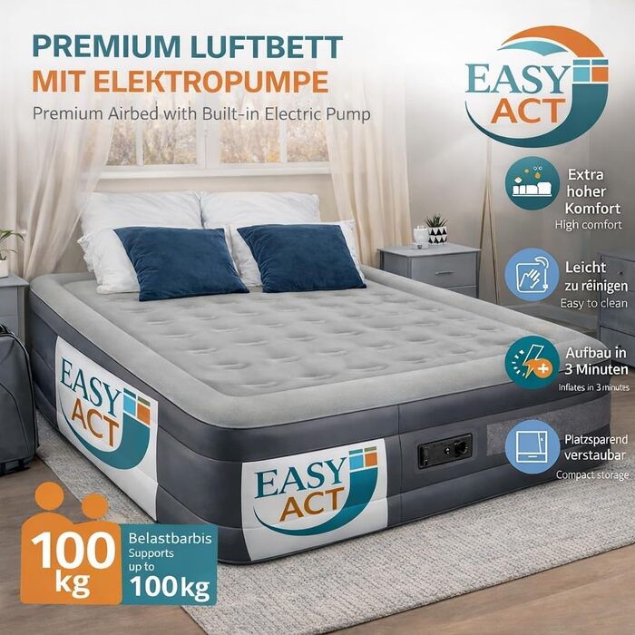 Повітряний матрац Easy Act 196×97×47 см з вбудованим електричним насосом, односпальне гостьове ліжко з флокевим покриттям та сумкою, сірий