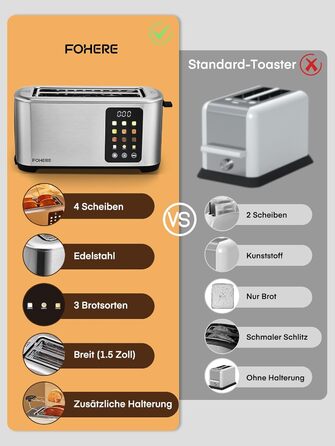Тостер 4-х секційний, 1400W, нержавіюча сталь, довгий проріз, 9 налаштувань підсмажування, 3 види хліба, функція відміни, розморожування, підігріву, сенсорне керування, з підставою для булок, сріблястий