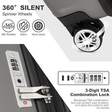 Чемодан-тележка KONO з розширенням, жорсткий корпус, XL, з TSA-замком та 4 колесами, 75x47.5x29.5 см, сірий