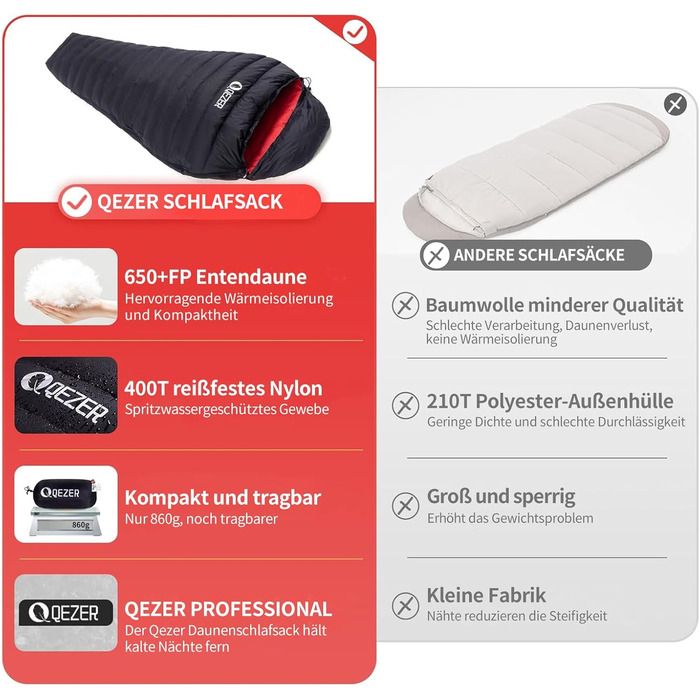 Спальний мішок для дорослих та дітей, зимовий, легкий, для кемпінгу та альпінізму, 650 FP гусячий пух, 500г, чорний, робоча температура -30°C ~ +8°C