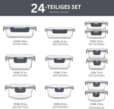 Набір контейнерів для їжі Igluu Meal Prep (12 шт.) – 1050 мл, Borosilikatglas, BPA-free, мікрохвильовка, духовка, морозильник, посудомийна машина, витікання