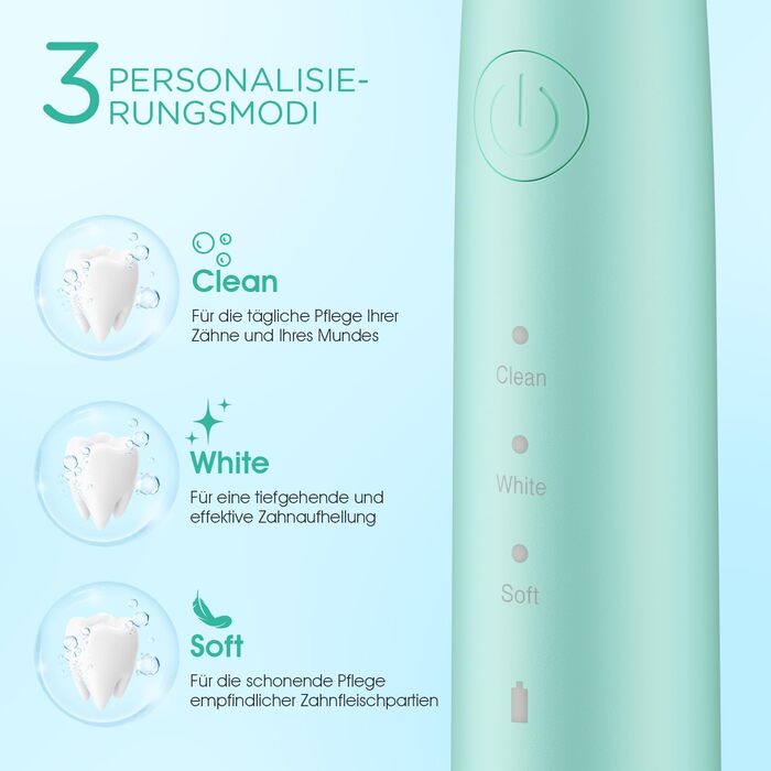 Електрична звукова зубна щітка Ultraschall ET110 (41000 VPM, 70 днів, 6 насадок, таймер, IPX7, зелена)