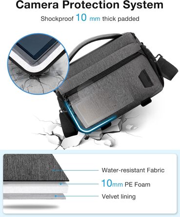 Сумка для камери Bagsmart: водонепроникний фотосумка для DSLR/SLR з дощовиком (сірий, темно-сірий)