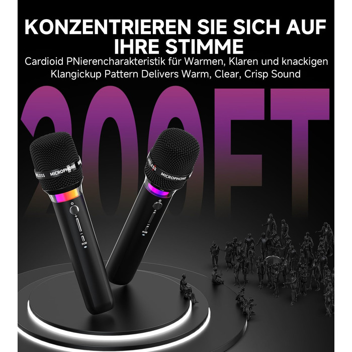 Бездротовий мікрофон з LED-підсвіткою, подвійний, акумуляторний, караоке, чорний