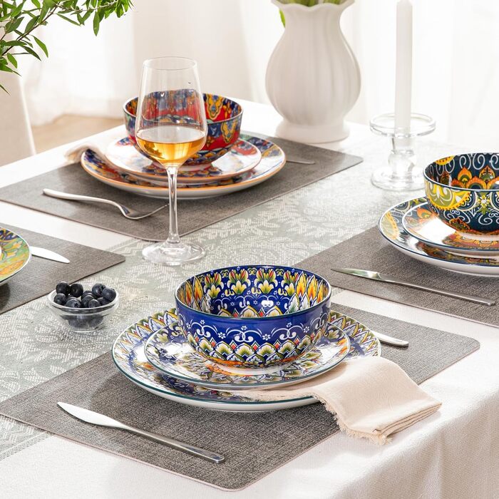 Набір посуду Sweejar Home Keramik для 4 осіб (12 предметів): порцелянові тарілки та миски, богемний стиль, для кухні, сумісний з мийкою та мікрохвильовкою