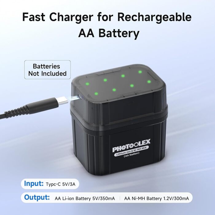 Акумулятори AA перезаряджувані (3000мВт·год, 1.5V) та NiMH акумулятори AA (2700мАг, 1.2V) з гібридним зарядним пристроєм (4 шт.) + бокс для зберігання