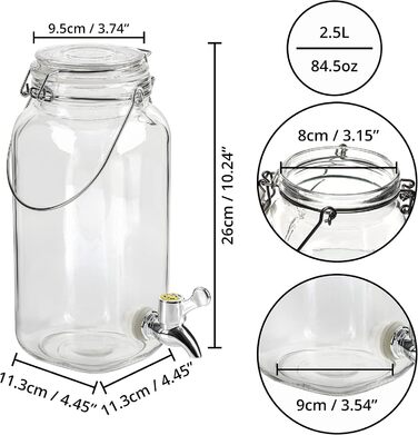Скляний диспенсер для напоїв Belle Vous з краном - 2,5 л - Скляний диспенсер для води, соку, коктейлів, молока та айті (холодного чаю) - Ретро диспенсер для вечірок, пікніків та барбекю