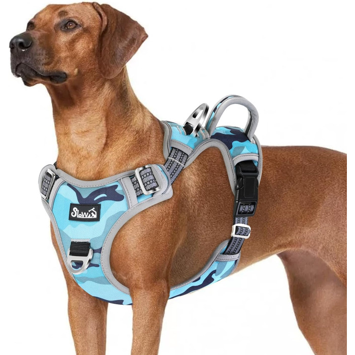 Шлейка для собак великих порід, анти-тяга, з 2 карабінами та зручною ручкою, регульована та світловідбиваюча, для щоденних тренувань (L), камуфляжний колір