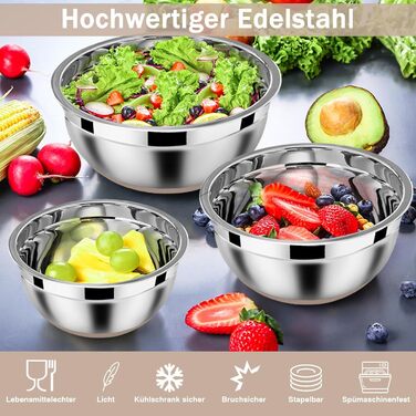 Homikit Mixing Bowl Set, Stainless Steel Bowl Salad Bowl 6-Piece Set with Airtight Lid & Khaki Silicone Bottom, Nesting, 4.6L/2.8L/2.5L/1.6L/1.2L/0.7L