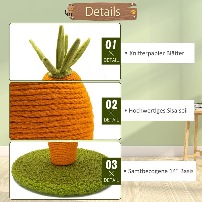AUSCAT Scratching Post Carrot, 42cm Cute Carrot Scratching Post for Cats, Natural Sisal Scratching Tree Indoor for Kittens