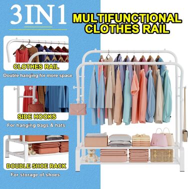Вішалка для одягу металева подвійна з гачками та полицею для взуття, біла - Stabil