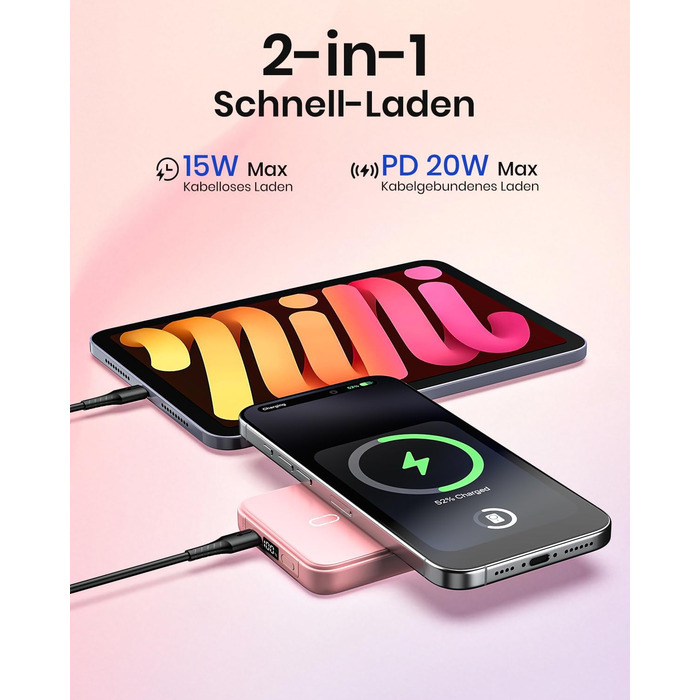 Power Bank Riapow 10000mAh з бездротовою зарядкою, PD 20W, USB-C, LED-індикатор (Рожевий)