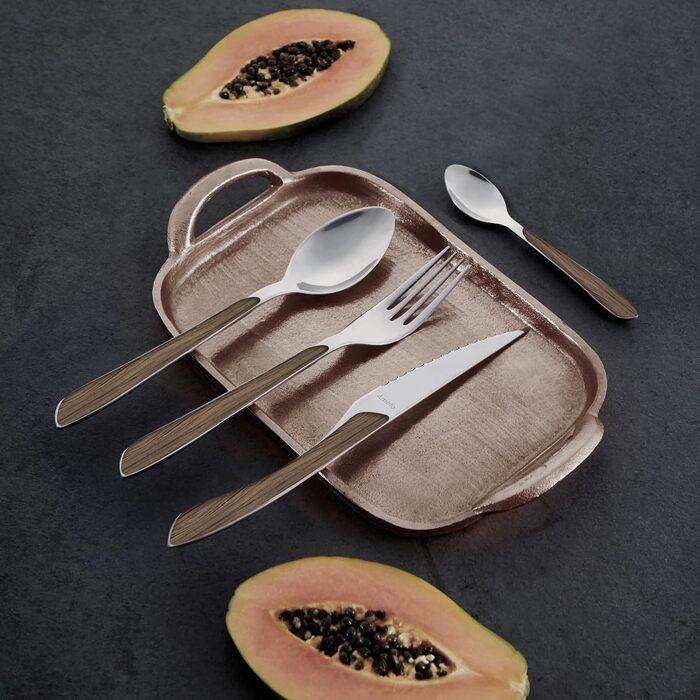 Amefa ECLAT Cutlery Set NATURE dark wood cutlery set 24-piece for 6 people stainless steel rustproof plastic handle bowls in wood look dishwasher safe cutlery set for 6 people