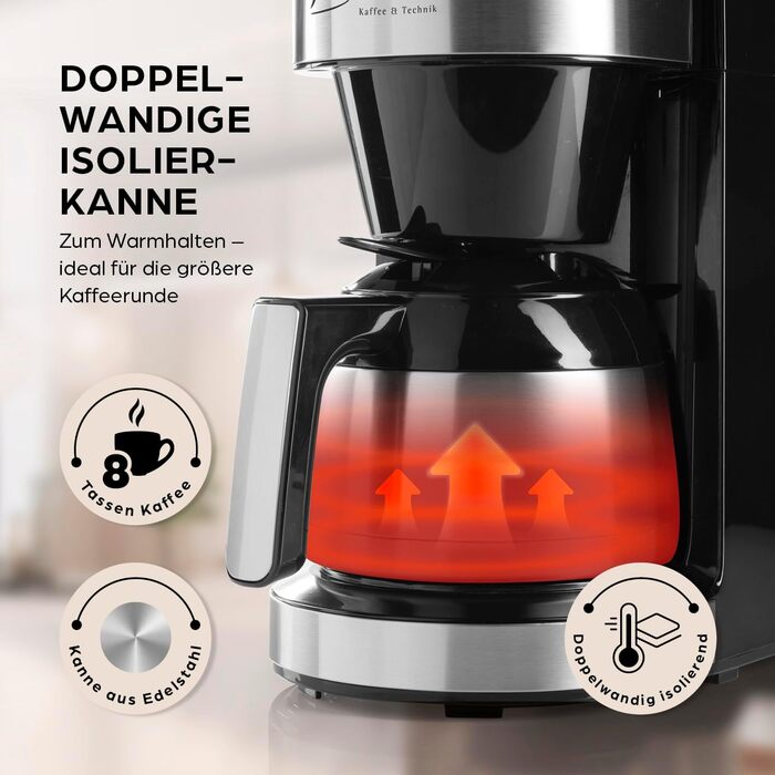 Кавомашина Barista Filterkaffeemaschine з регульованим млинком та термокружка | Функція підігріву, таймер 24 год та перманентний фільтр | Для 10 чашок кави | Кавомашина для зерен та меленої кави [Нержавіюча сталь] (8) Нержавіюча сталь (Pro Design) - Термо
