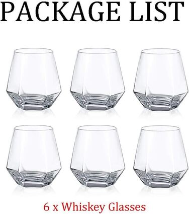 Diamond Whisky Glasses 6-Piece Set - Tilted Scotch Glasses 300 Ml - Modern Look Whisky Glasses for Men, Women, Dad, Husband, Friends, Glassware for Bourbon/Rum/Bar Tumbler - Clear - 6