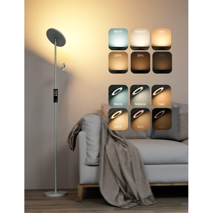 Світлодійна торшер Anten Klara з лампою для читання | Матова | 30W, регульована яскравість, пульт ДУ | 3 кольори світла | Безпечне регулювання яскравості | Світлодійна торшер для вітальні та офісу