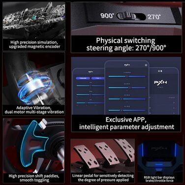 PXN V9 Gen2 Руль для ПК з педалями та перемикачем передач, 270/900° оберт, Магнітний енкодер, Датчик Hall Effect, сумісний з PC, PS4, Xbox One, Xbox Series X|S
