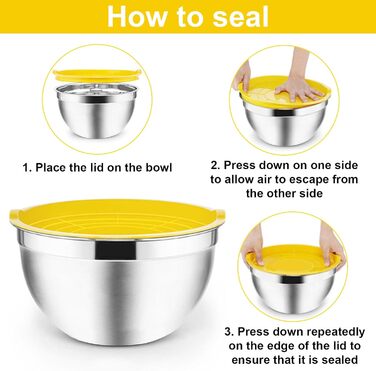 Набір місок з нержавіючої сталі 5 шт. з кришками – 4.5L/2.7L/1.6L/1.1L/0.7L – з 3 тертками, неслизькі та стіклі, придатні для миття в посудомийній машині для кухні та випічки