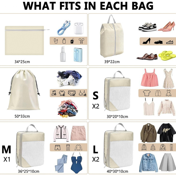 Набір органайзерів для валізи POWZOO (8 шт.) - компресійні кубики для одягу та взуття, бежевий