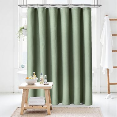 Шторка для душу BTTN вафельна, 180x200 см, антигрибкова, важка, водонепроникна, текстильна, з 12 гачками, зелена