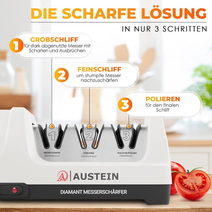 Електричний точило для ножів AUSTEIN® Diamant TG2202 - 3 фази, 20 градусів, з магнітним збором стружки